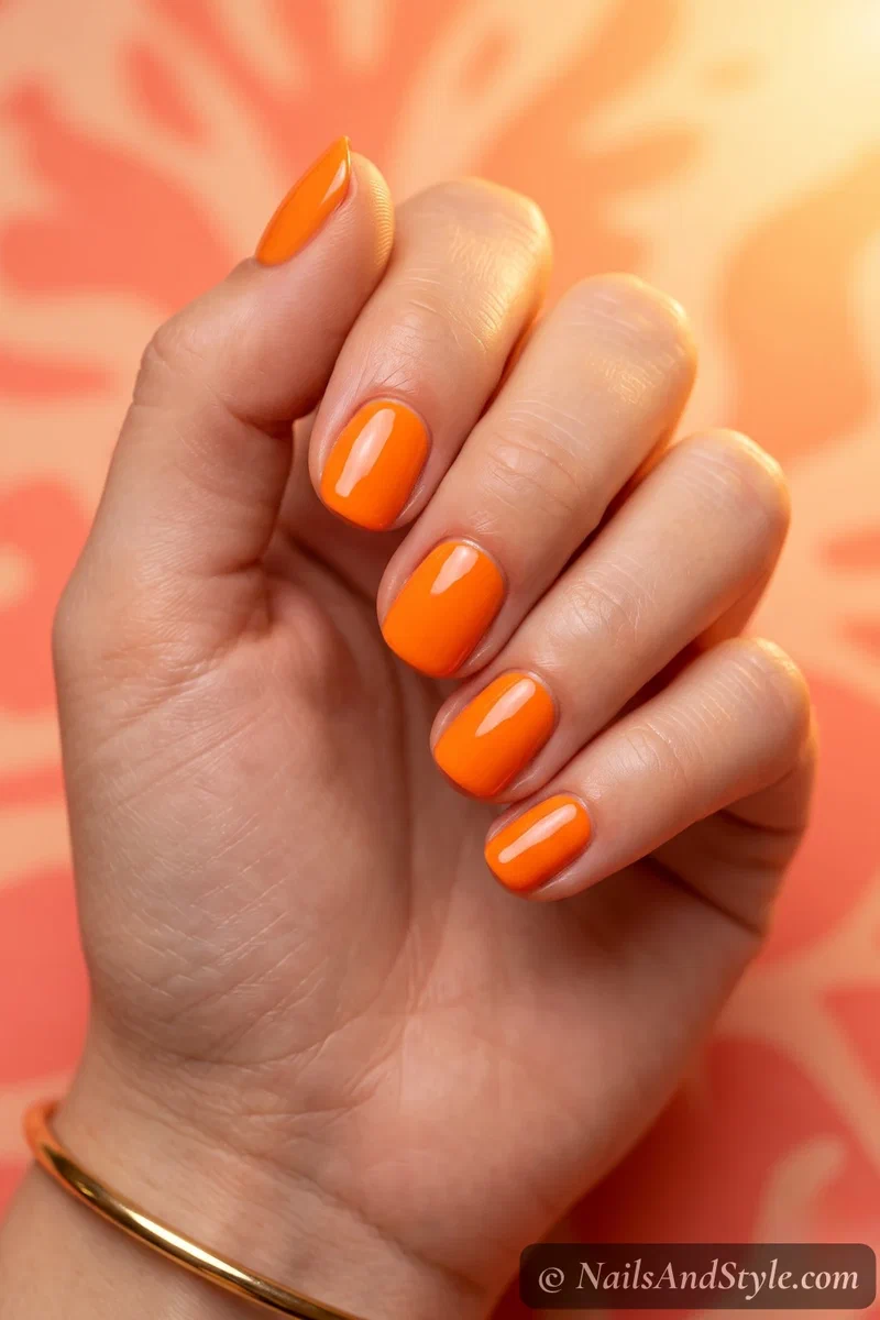 Tangerine pop nails with a bright juicy orange and glossy finish on short round nails