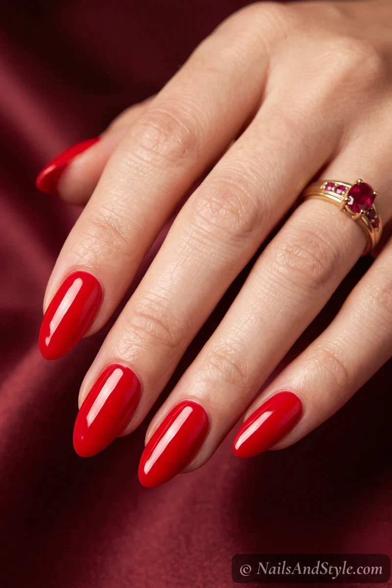True red gloss nails with a bright classic red and glassy finish on medium almond nails