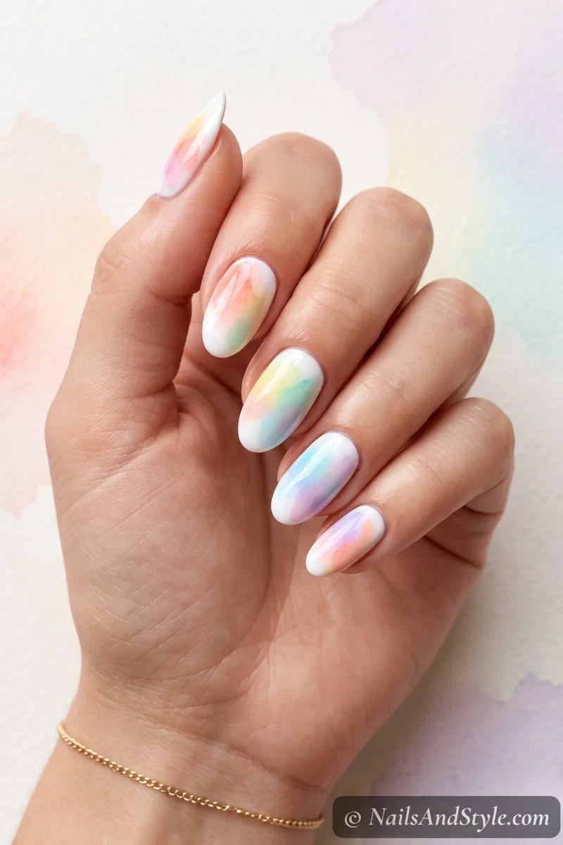 Watercolor rainbow nails with soft feathered pastel colors bleeding together over a white base on medium oval nails