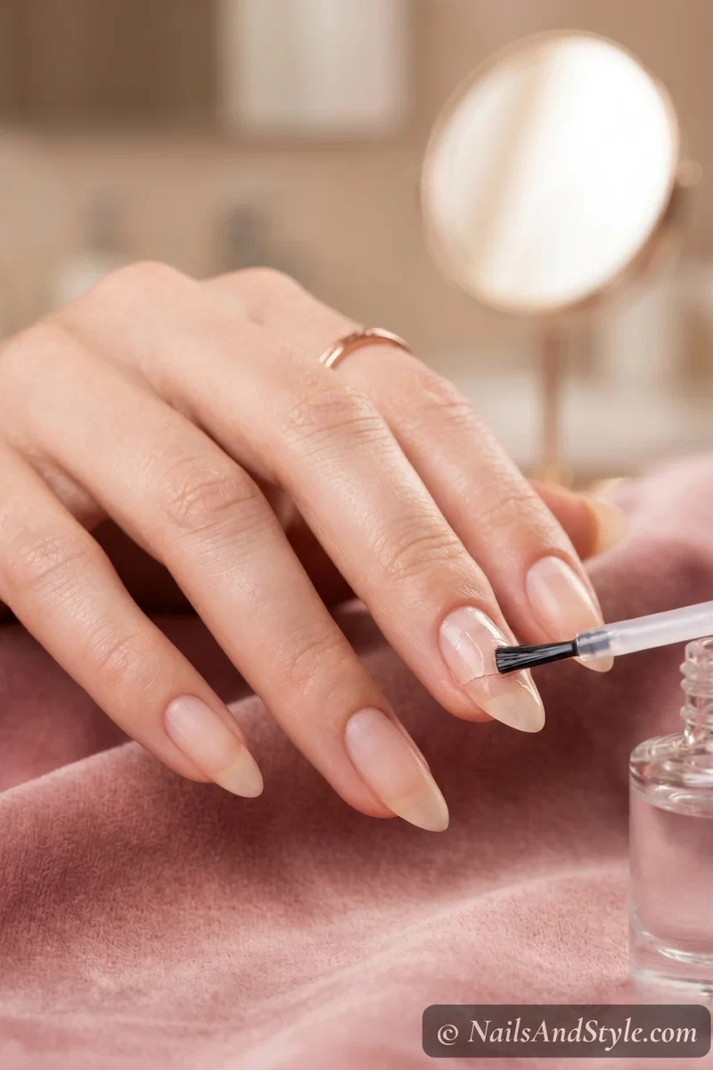 Close-up of nail glue being applied over a cracked natural nail before placing the tea bag patch