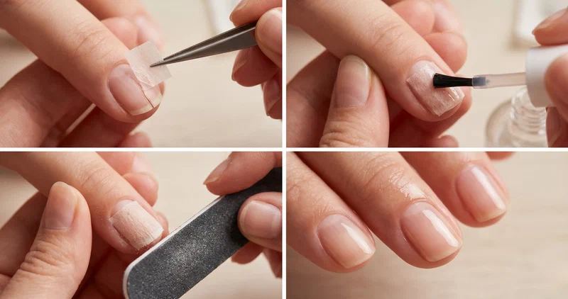 Step-by-step collage showing the tea bag nail repair process from cutting the tea bag to the finished smooth repaired nail