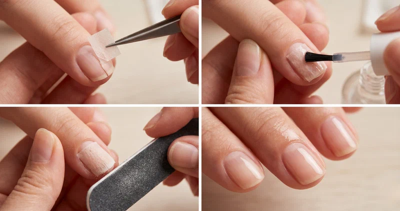 Step-by-step collage showing the tea bag nail repair process from cutting the tea bag to the finished smooth repaired nail