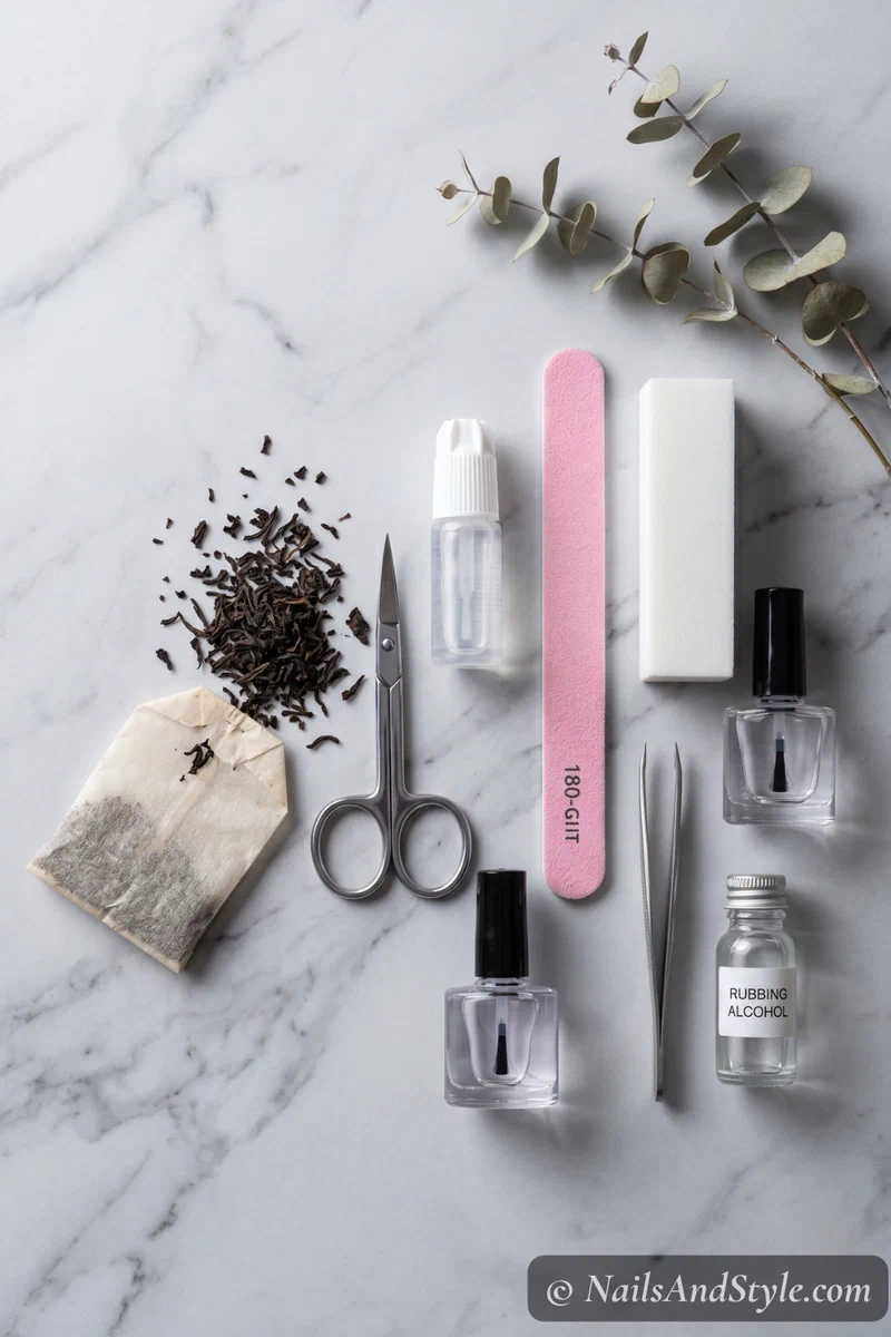 Flat lay of tea bag nail repair supplies including nail glue, scissors, tea bag, nail file, and buffer arranged on a marble surface