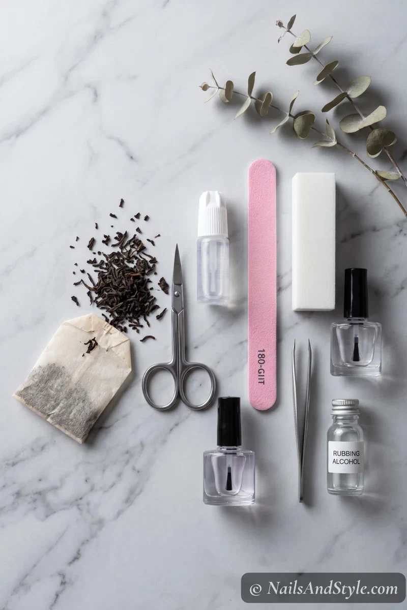 Flat lay of tea bag nail repair supplies including nail glue, scissors, tea bag, nail file, and buffer arranged on a marble surface
