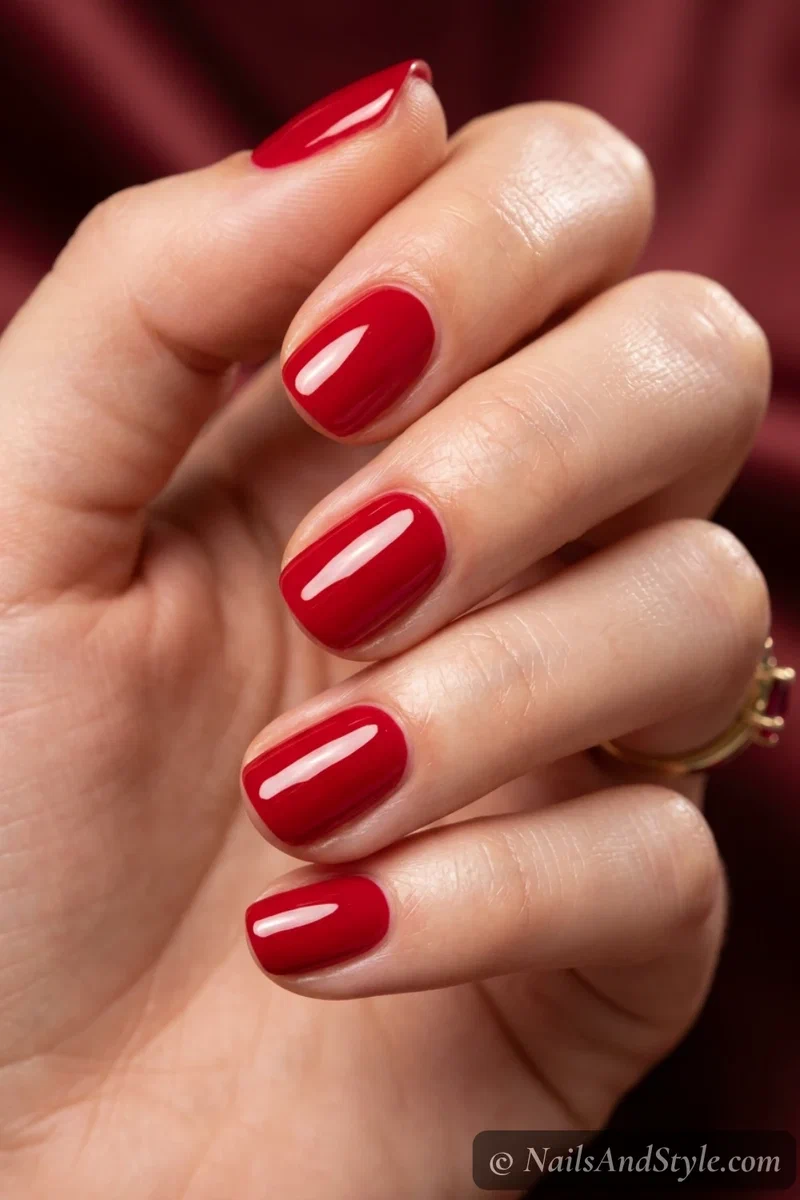 Bold team red gloss nails with a bright glossy red on short round nails
