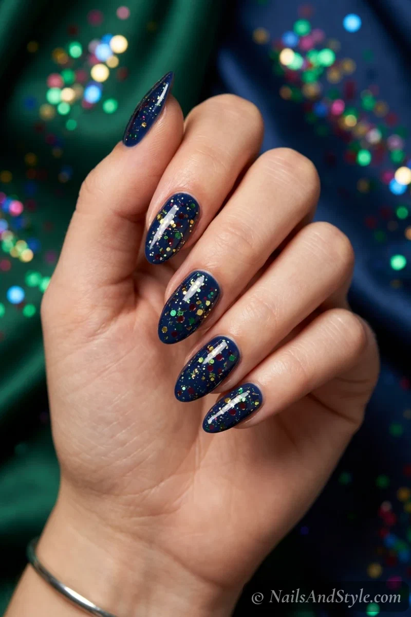 Confetti toss glitter nails with multicolor confetti glitter scattered over a team-color base, medium almond nails