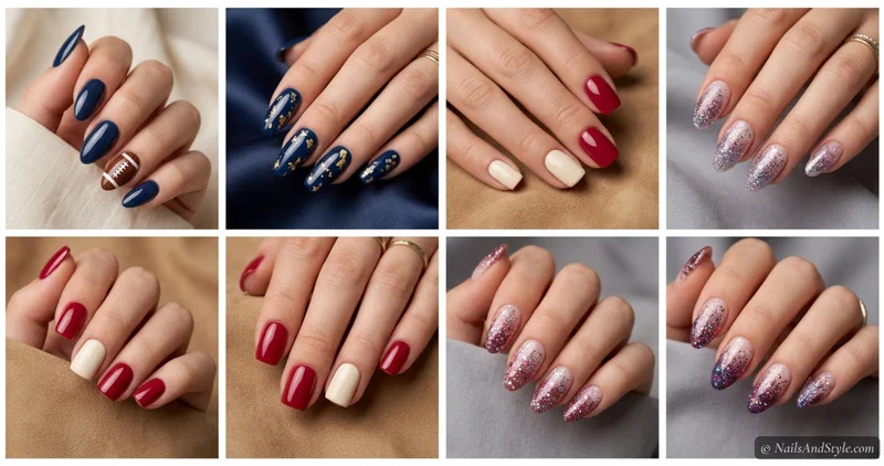 Collage of four football game day nail looks — brown football accent, navy and gold foil, crimson and cream color block, and pom-pom glitter tips