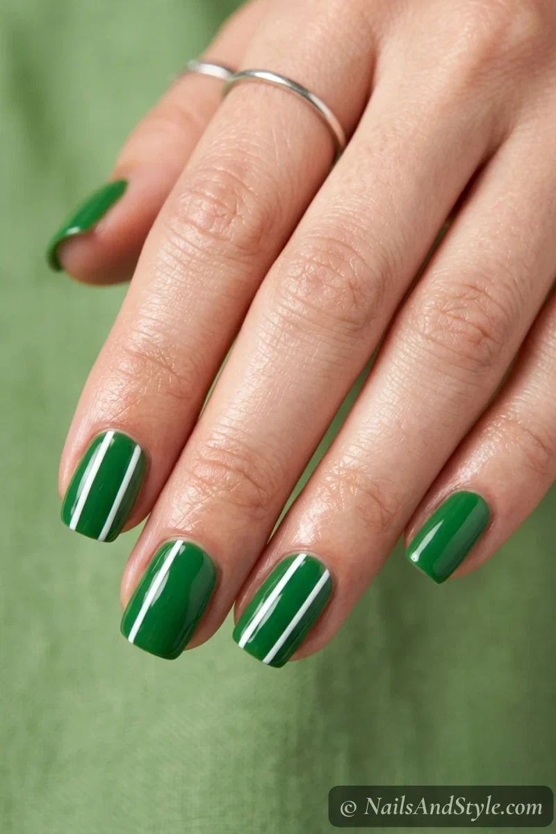 Field line stripe nails with thin white yard-line stripes over a grass green base on short squoval nails