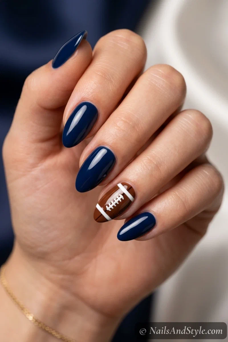 Football accent nails with a small brown football and white laces on one navy accent nail, medium almond nails