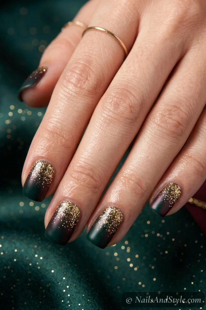 Gold glitter fade nails with fine gold glitter densest at the cuticle over a team-color base, medium almond nails