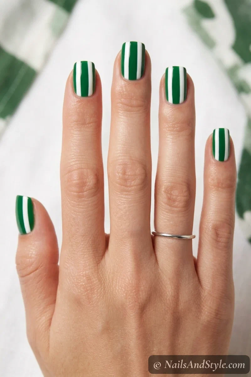 Green and white jersey stripe nails with bold white stripes over a green base on short square nails