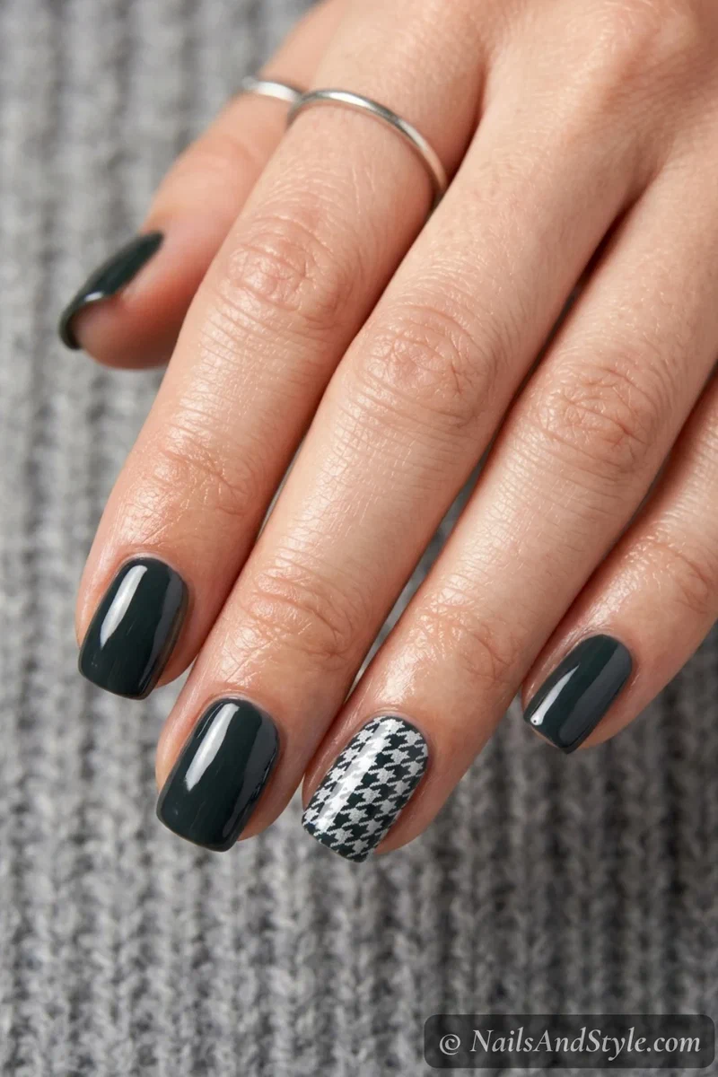 Houndstooth accent nails with a small black and white houndstooth pattern on one accent nail, short squoval nails