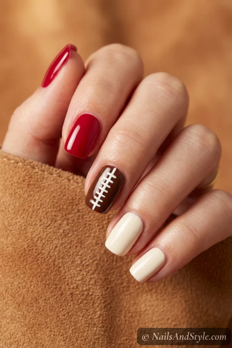 Football laces accent nails with white lace stitches down the center of a brown accent nail, short almond nails