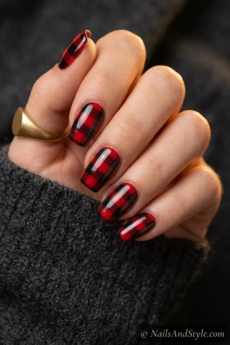 Red and black buffalo plaid nails with a bold red and black check pattern on medium squoval nails