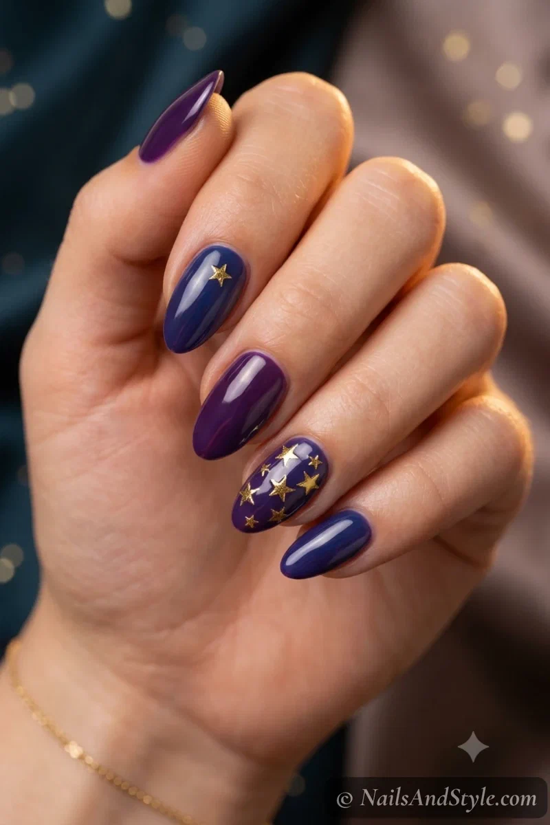 Star spirit accent nails with small gold stars on a team-color accent nail, short almond nails