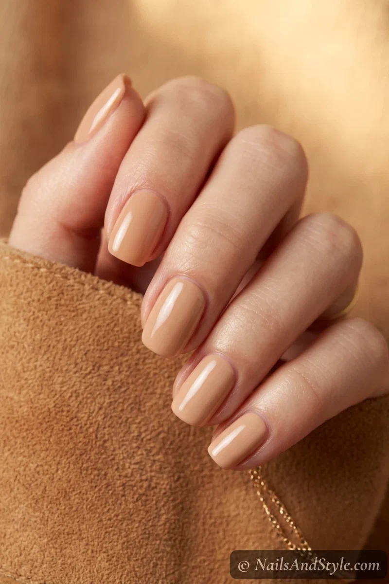 Tailgate caramel nude nails with a warm milky caramel and glossy finish on short oval nails