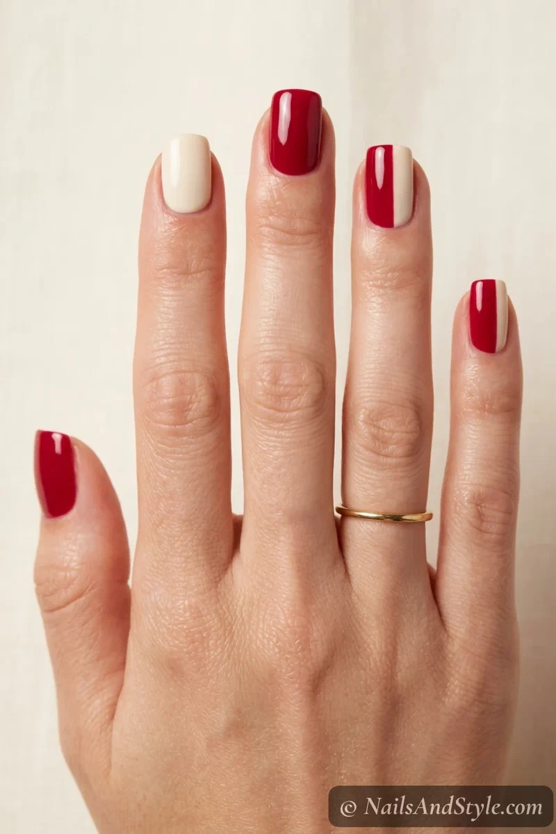 Team color block nails alternating solid crimson and cream on each nail, short square nails