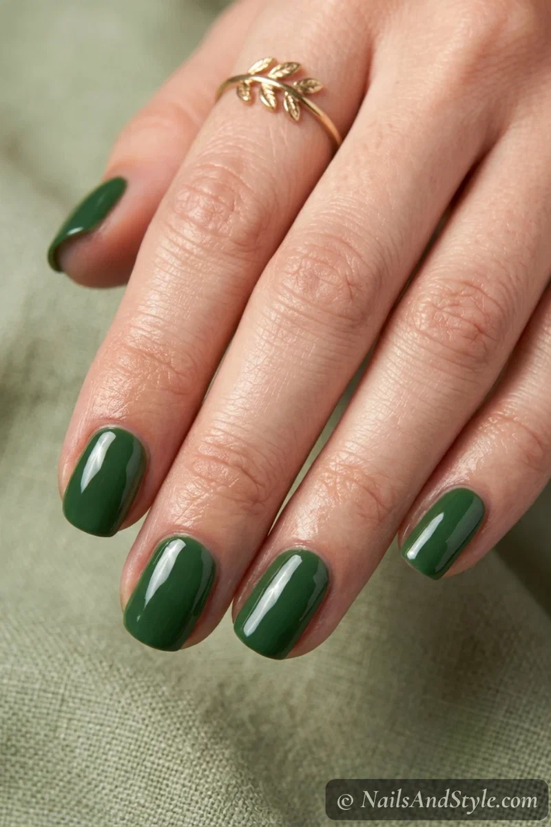 Turf green gloss nails with a rich field green and glossy finish on short round nails
