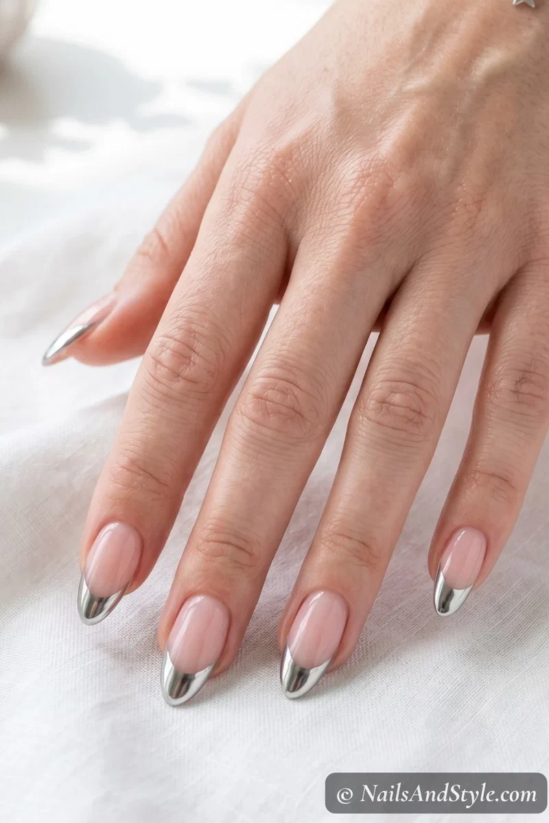 Chrome silver french tip nails on a sheer pink base with almond shape
