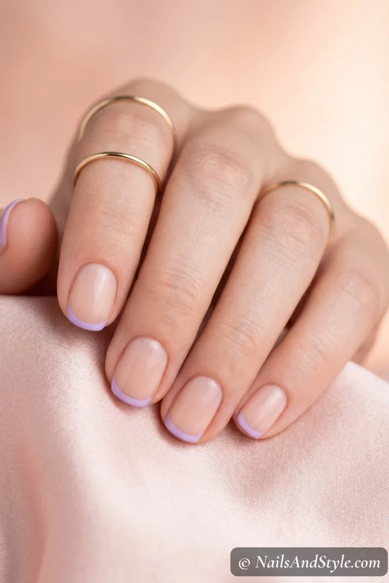 Lavender micro french tip nails with a sheer nude base on short round nails