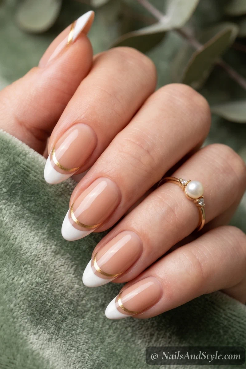Double-line french tip nails with white and gold lines on a nude base