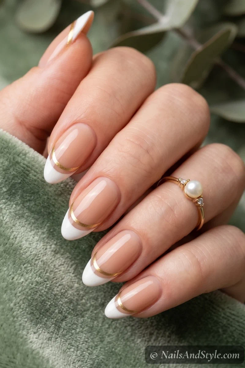 Double-line french tip nails with white and gold lines on a nude base