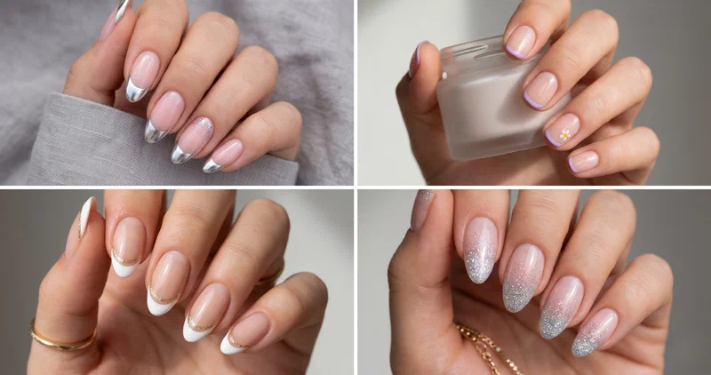 Collage of four modern french tip nail designs including chrome tips, colored micro french, double-line tips, and glitter ombre french tips