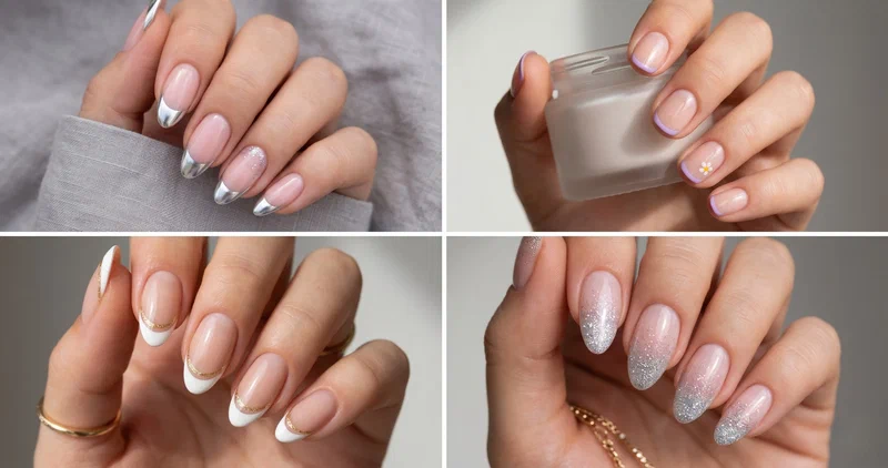 Collage of four modern french tip nail designs including chrome tips, colored micro french, double-line tips, and glitter ombre french tips