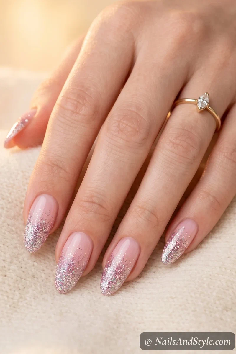 Glitter ombre french tips fading from sparkly tips to sheer pink base on medium almond nails