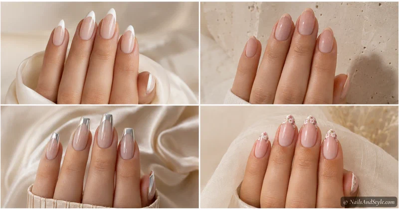 Four French tip nail designs — a classic white tip, a silver chrome tip, a soft pink micro tip, and a floral-accented tip