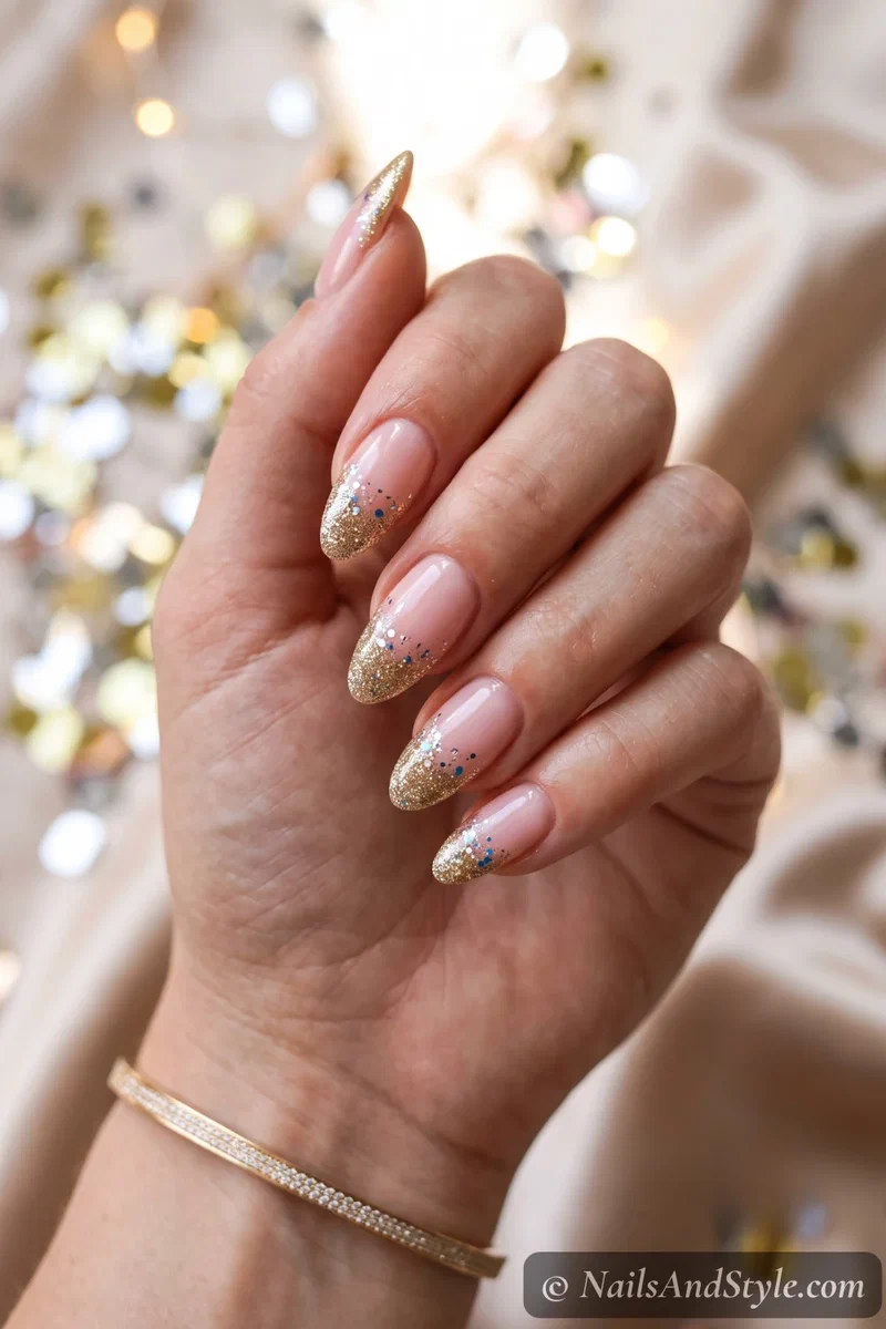 Pink base nails with gold glitter French tips and confetti