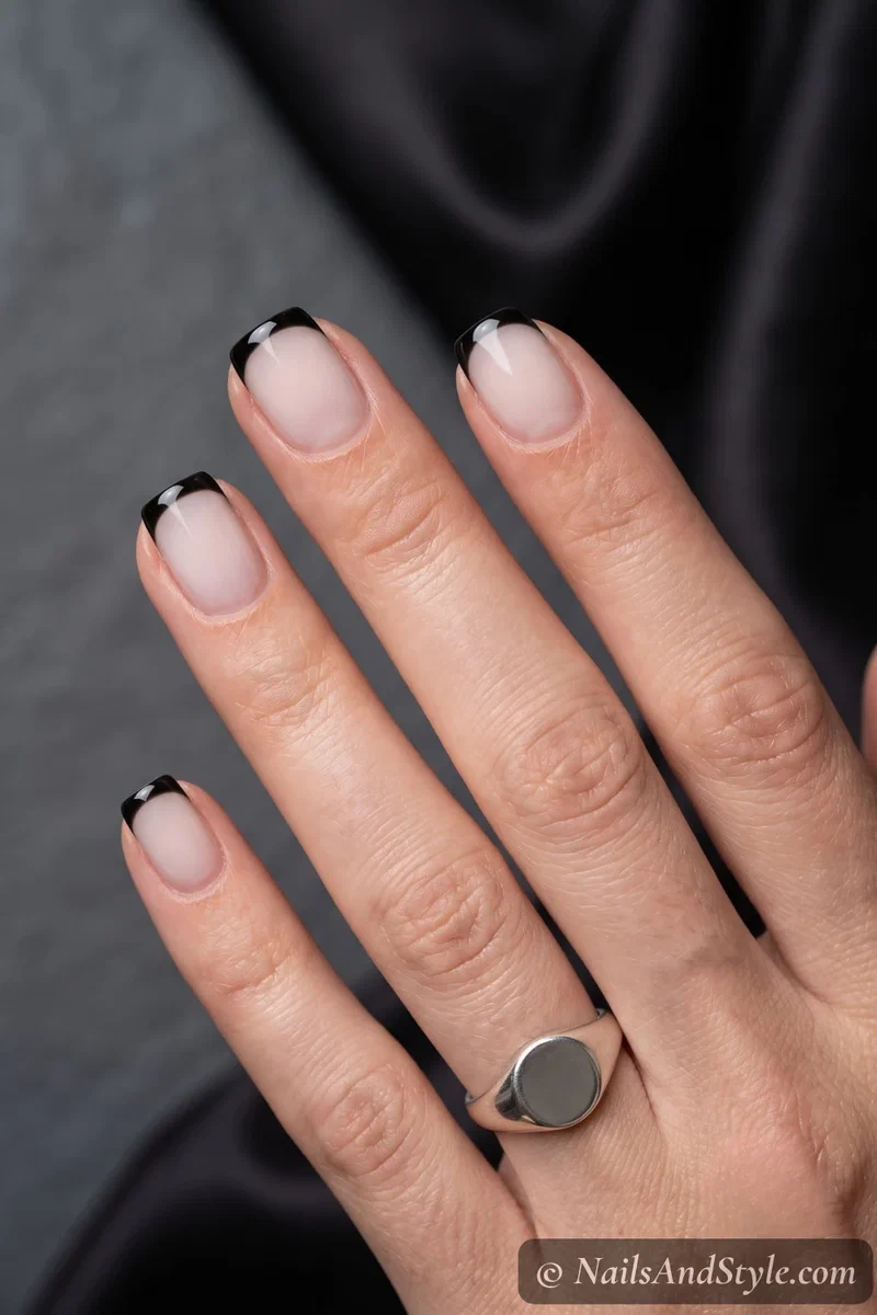 Milky base nails with slim black French tips
