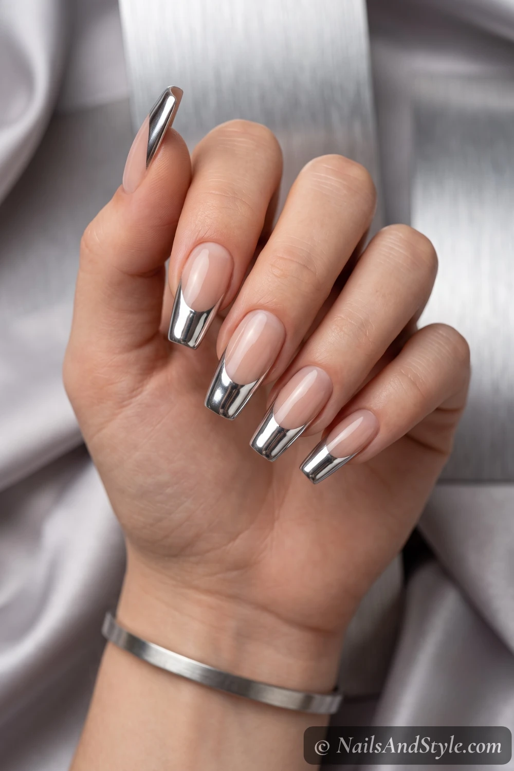 Silver chrome French tip nails