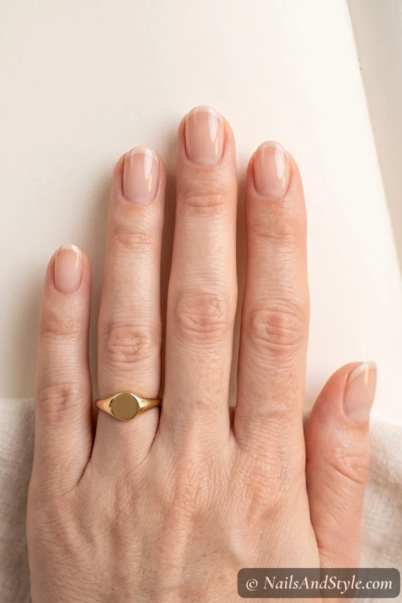 Clean-girl French tips with a sheer base and thin neutral tips