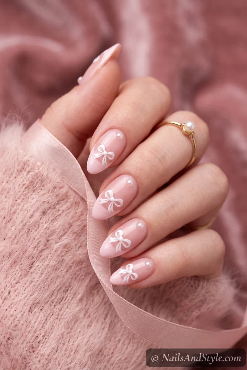 Blush-pink coquette French tips with bow accents