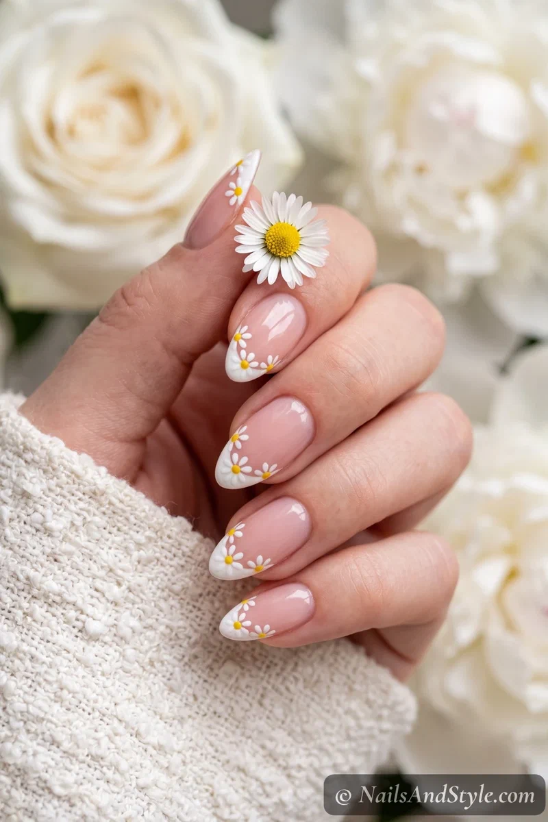 Sheer nails with tiny painted florals along the French tip