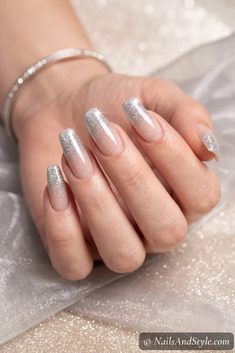 Nude base nails with silver glitter French tips fading inward