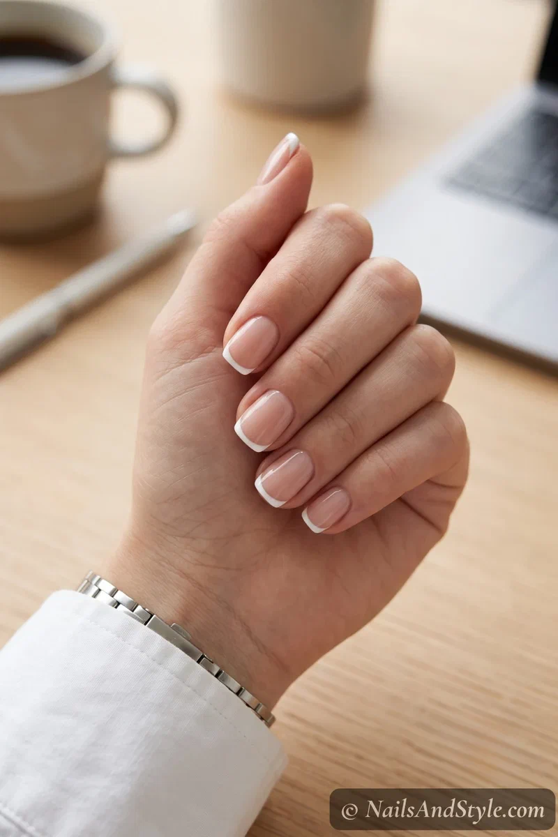 Nude French tip nails, short and glossy for work