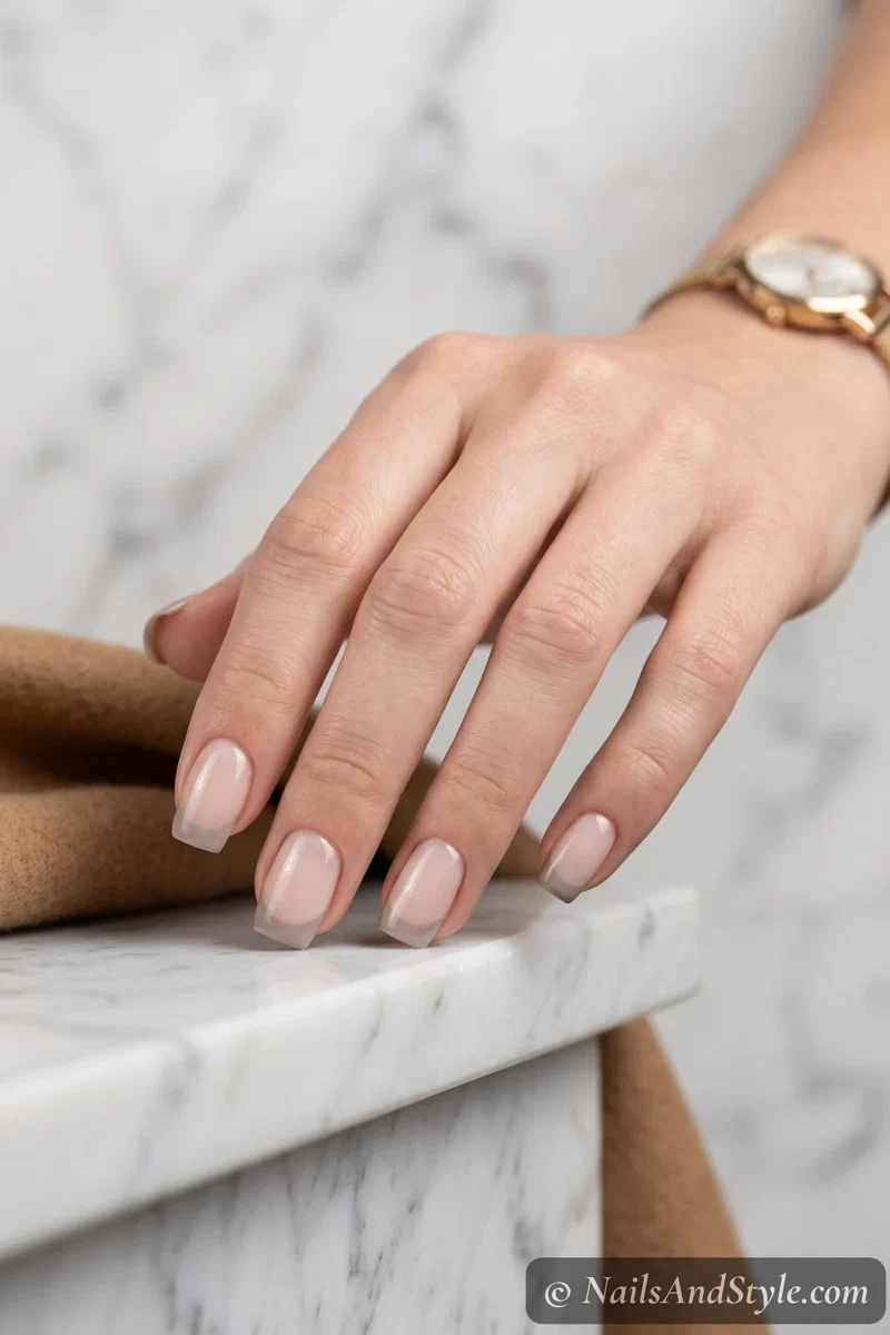 Old-money French tips in soft neutrals with a clean tip line
