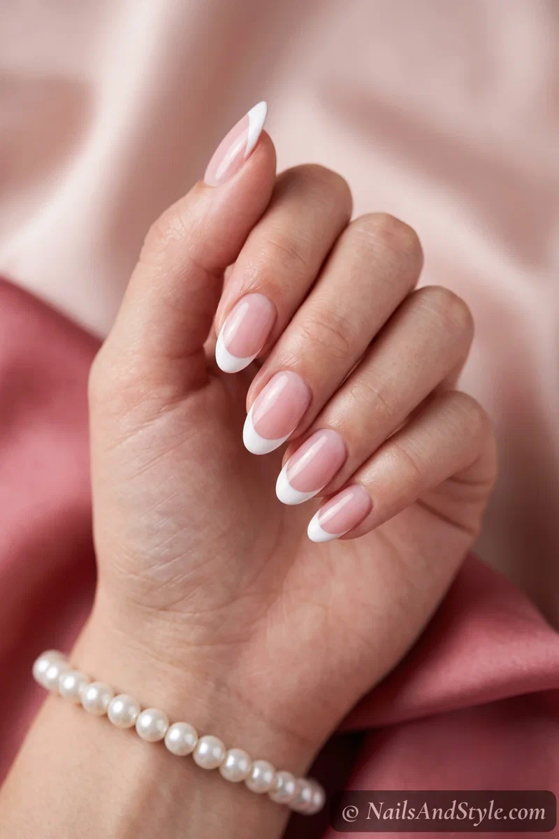Oval nails with soft rounded white French tips
