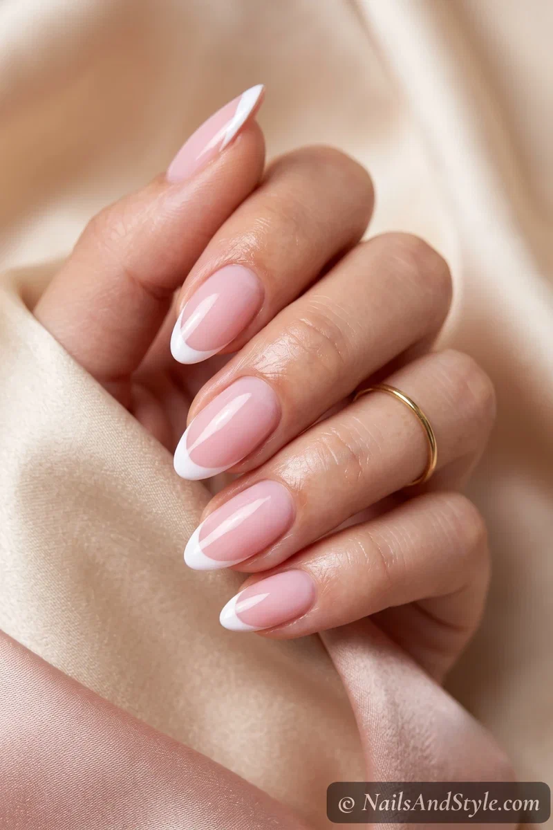 Soft pink base nails with clean white French tips