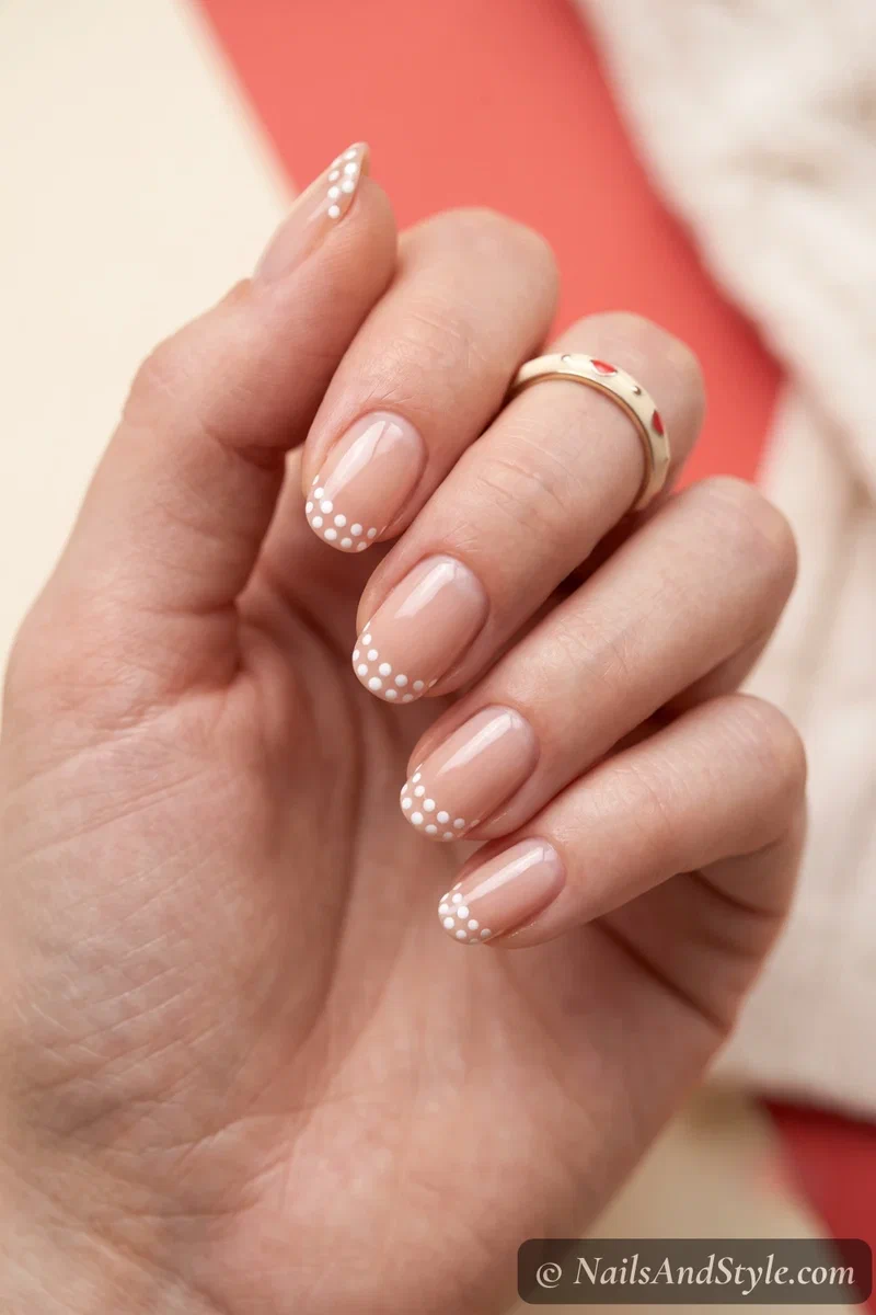 Nude nails with a row of tiny white dots forming the French tip