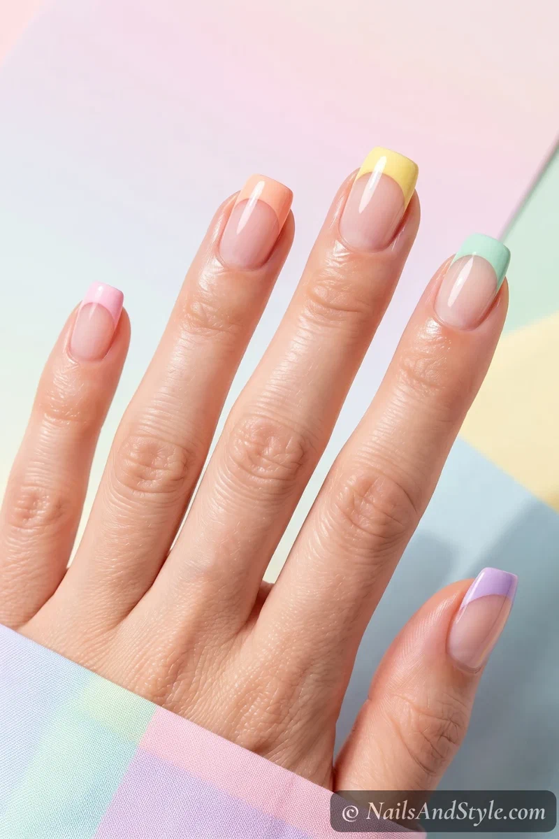 Sheer nails with a different pastel color on each French tip