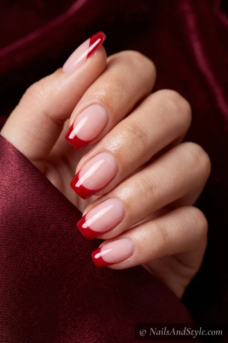Nude base nails with glossy red French tips