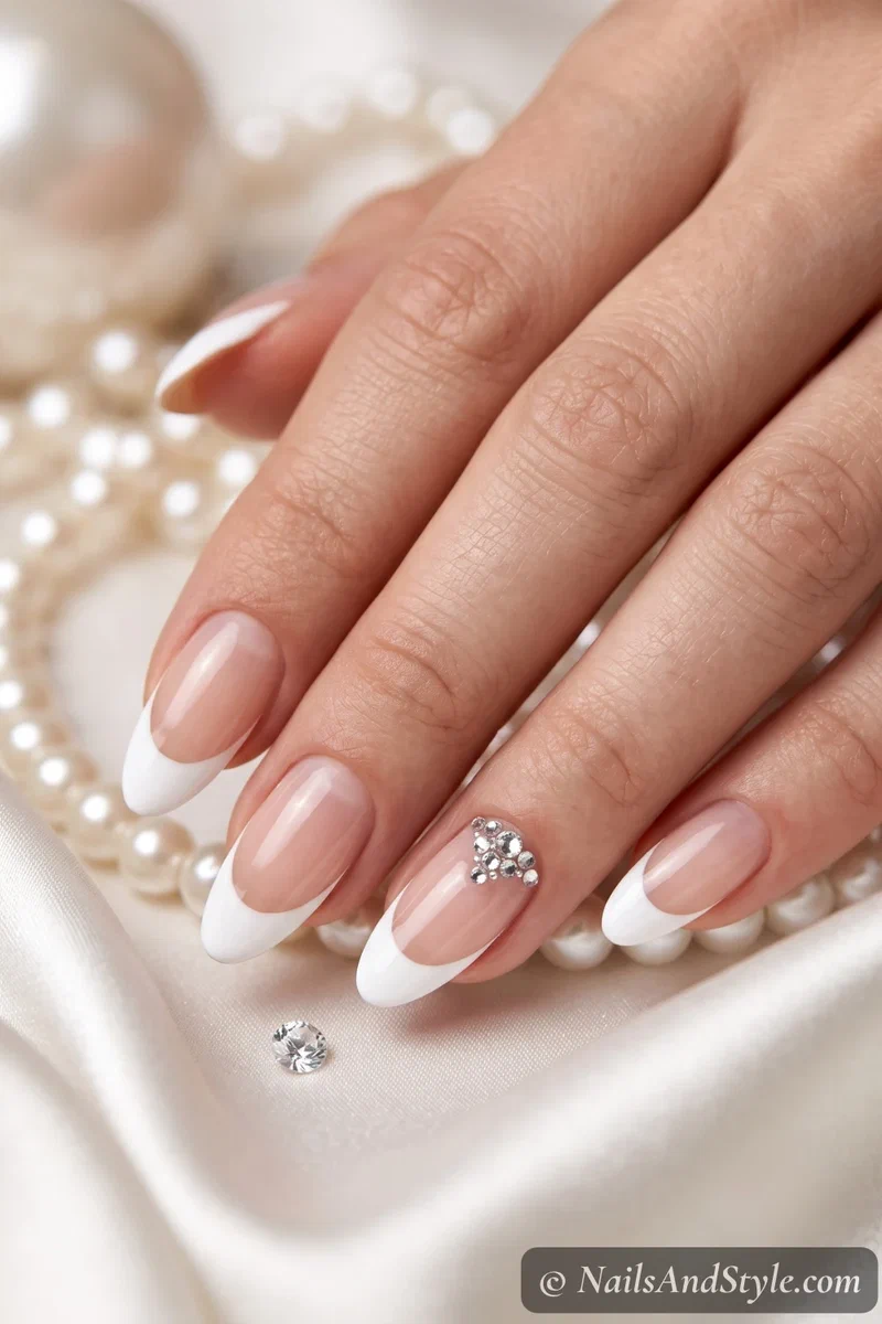 White French tips with a few clear rhinestones near the base