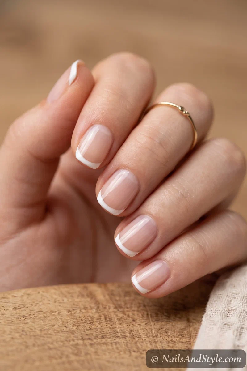 Short natural nails with thin white French tips
