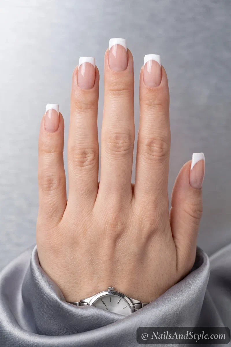 Square nails with straight-edged white French tips