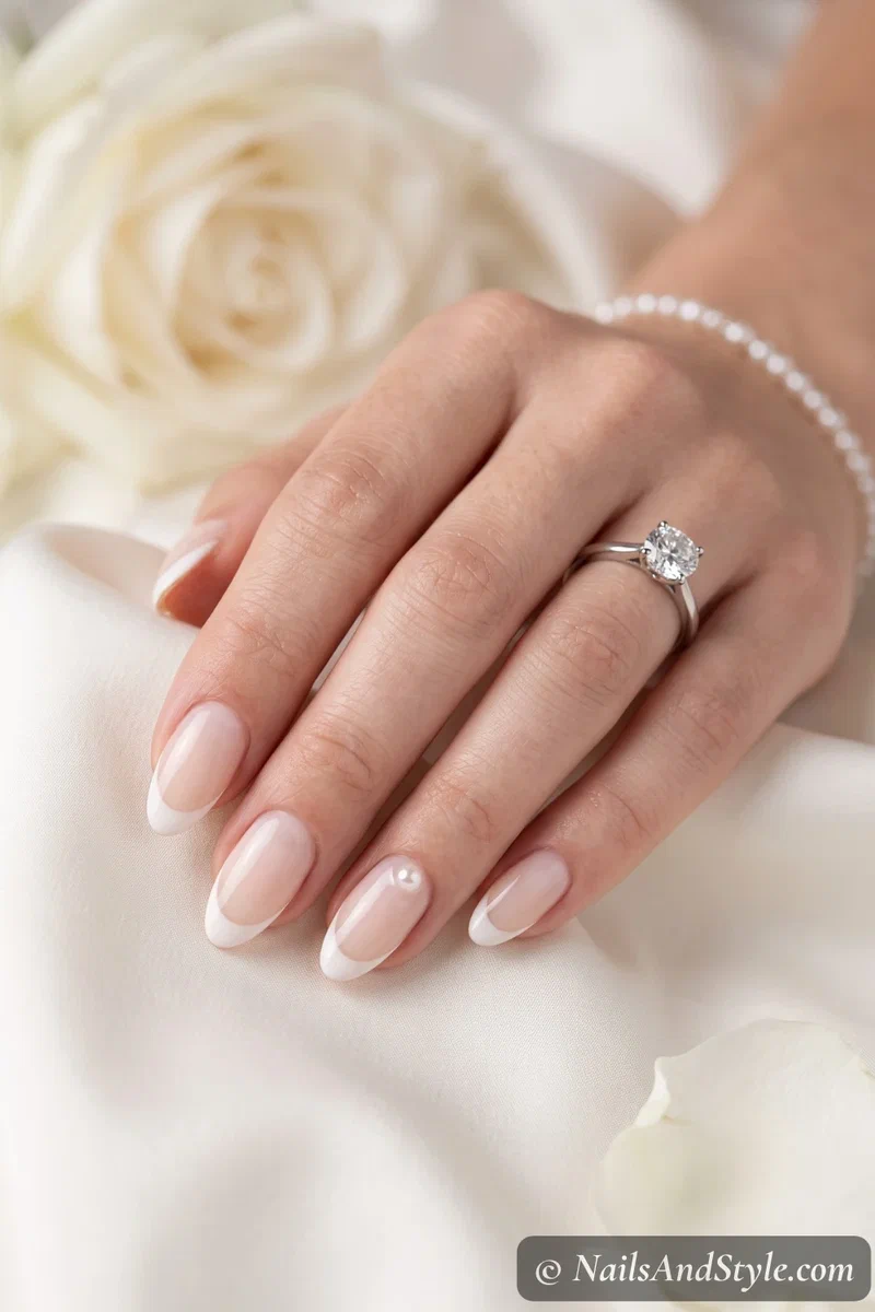 Ivory base bridal French tips with a delicate tip and a pearl