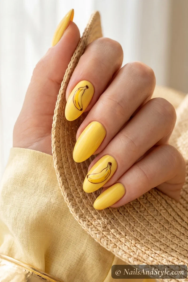 Bright yellow nails with cute hand-painted banana accent art