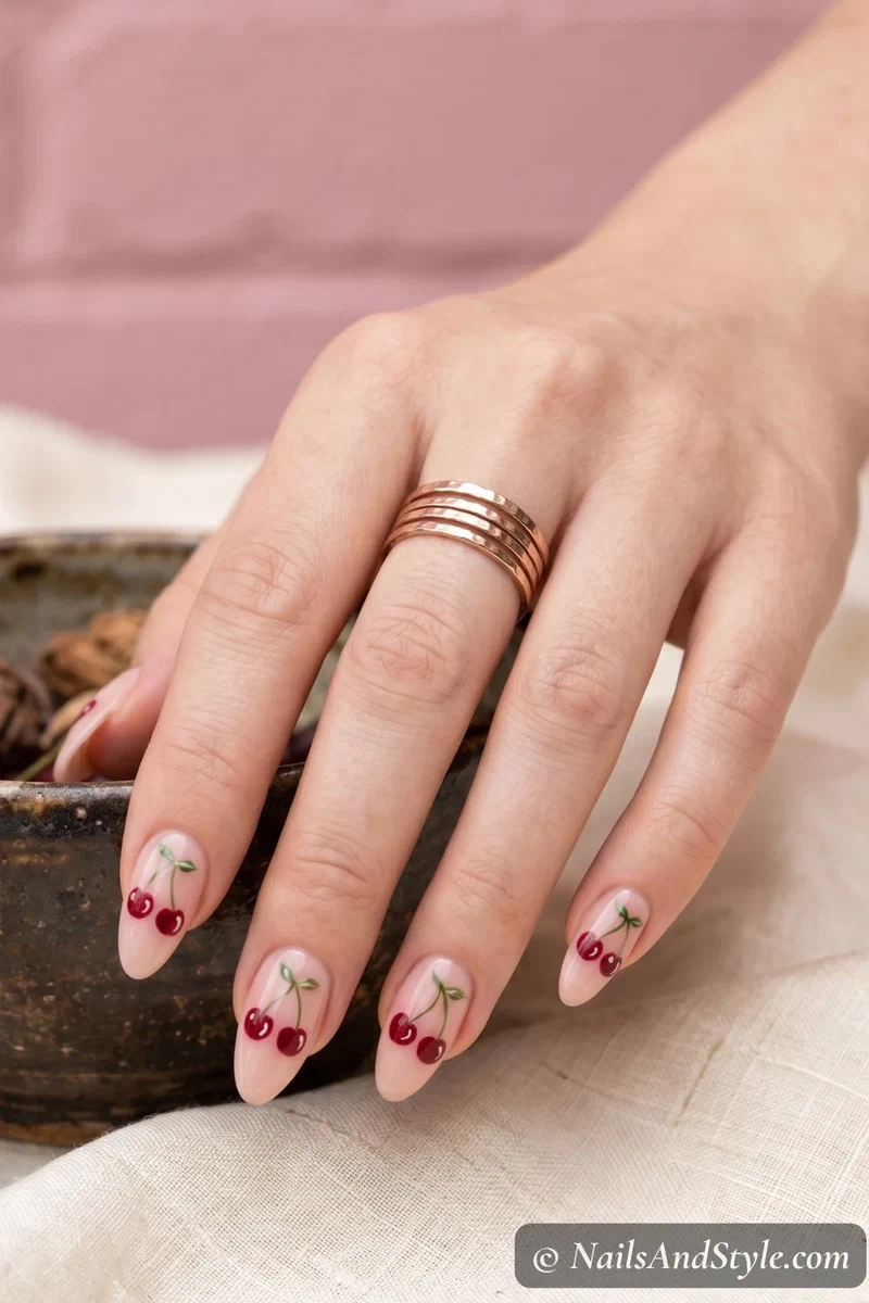 Cherry nail art with red cherry pairs and green stems on a nude pink base